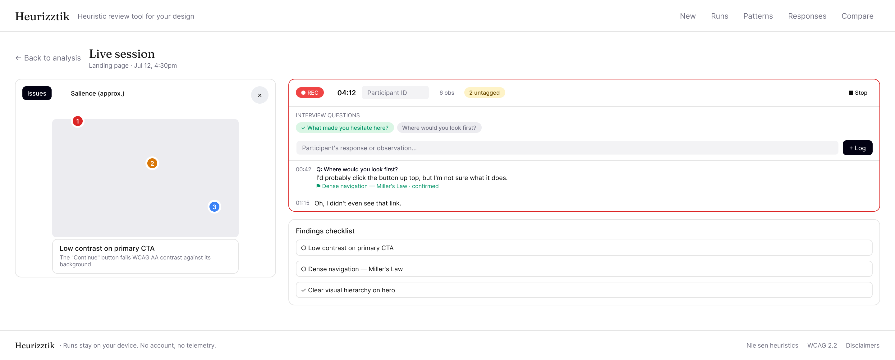 Live session view showing participant observations tagged to heuristic findings in real time